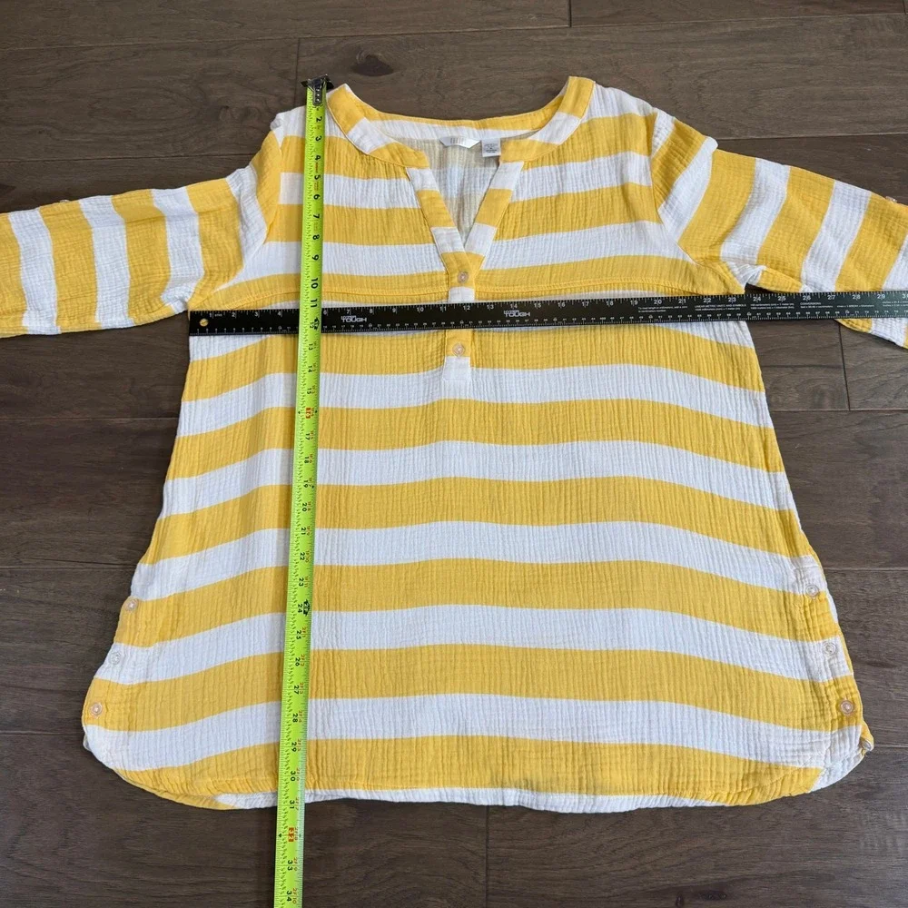 Kaktus Womens XL Yellow White Striped Cotton Gauze Roll Tab‎ Sleeve Tunic Top - Picture 6 of 7